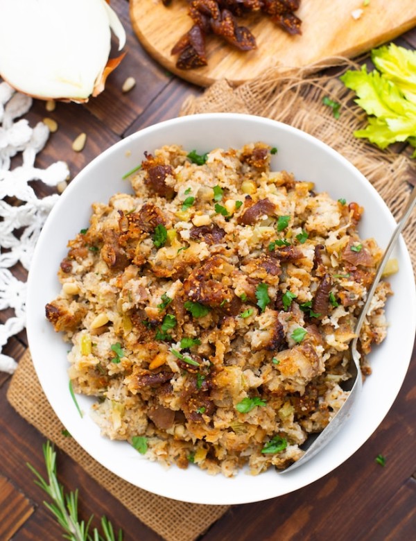 fig & sausage cauliflower rice stuffing in a serving bowl