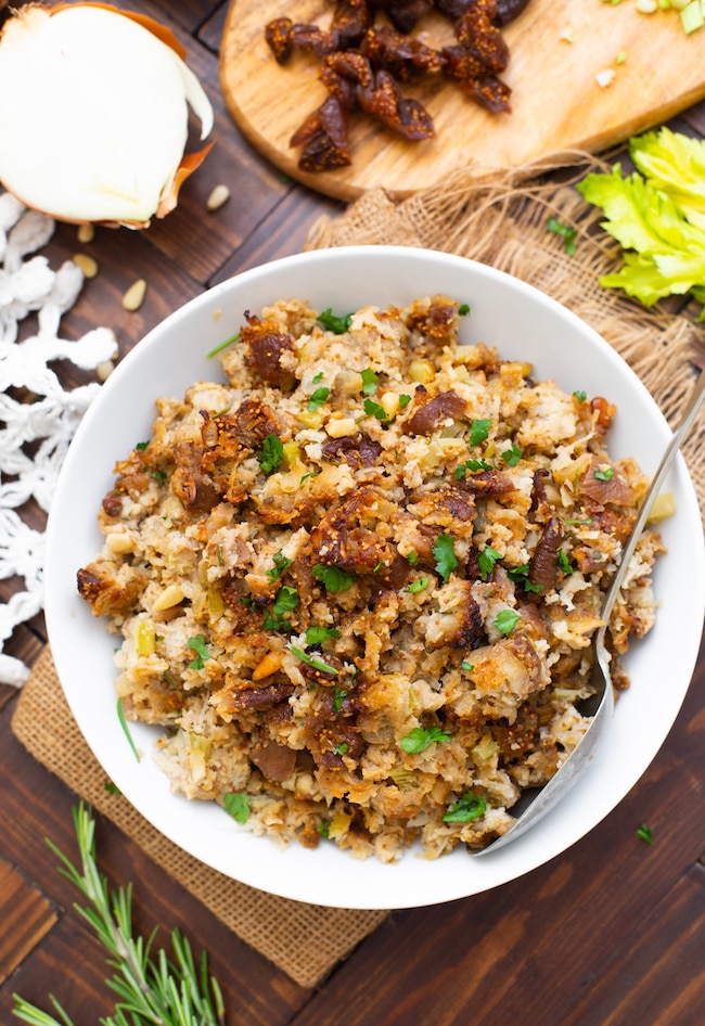 fig & sausage cauliflower rice stuffing in a serving bowl