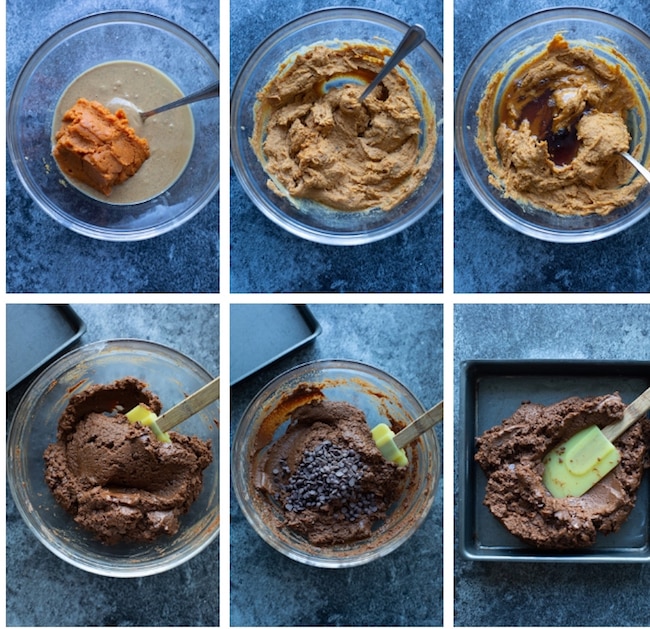 collage of steps demonstrating how to make flourless pumpkin brownies