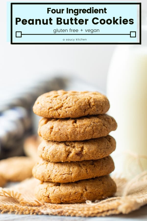 Easy, four ingredient flourless Gluten Free Vegan Peanut Butter Cookies made in one bowl in about 20 minutes! #GlutenFree #Vegan #PeanutButter #Cookies #PeanutButterCookies #EasyRecipes #GlutenFreeBakingc