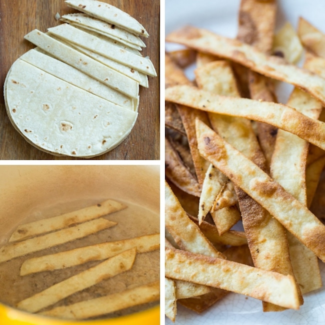 homemade fried tortilla strips collage