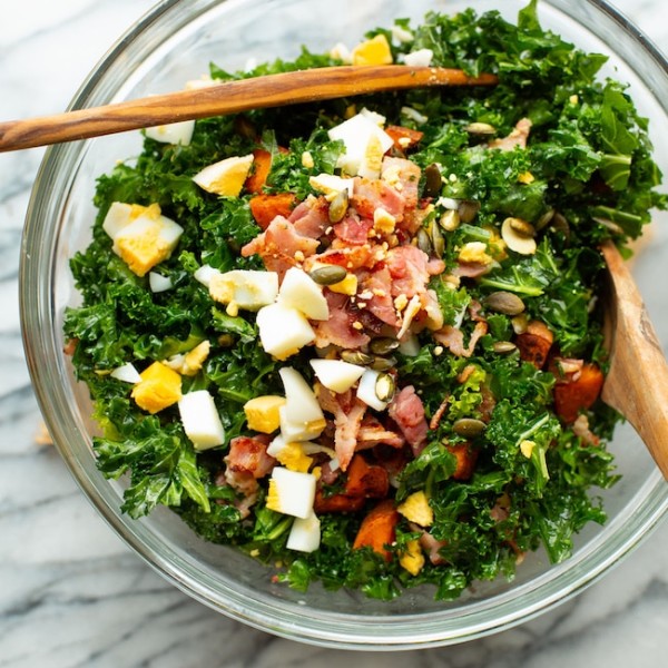 kale sweet potato salad in a mixing bowl