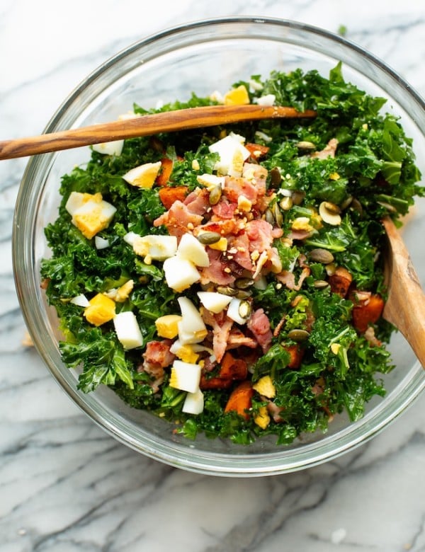 kale sweet potato salad in a mixing bowl