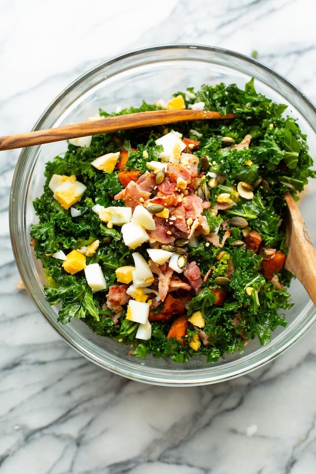 kale sweet potato breakfast salad in a mixing bowl