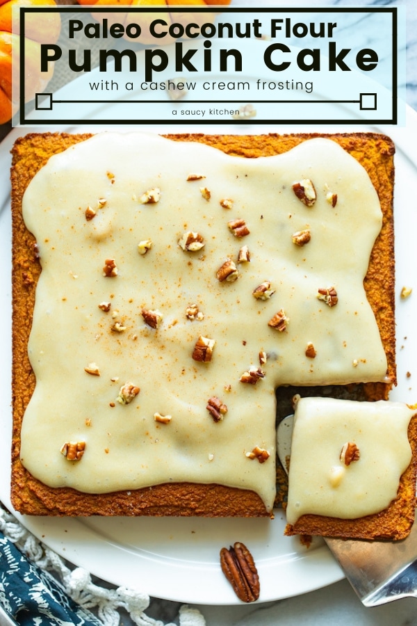 Gluten Free Pumpkin Cake - simply spiced and lightly sweetened coconut flour cake topped with a rich and creamy cashew cream frosting! | #GlutenFree #Paleo #Pumpkin #CoconutFlour #HealthyCake #ThanksgivingRecipes