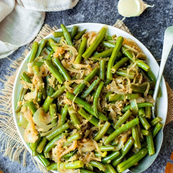 stir fried green beans on a plate