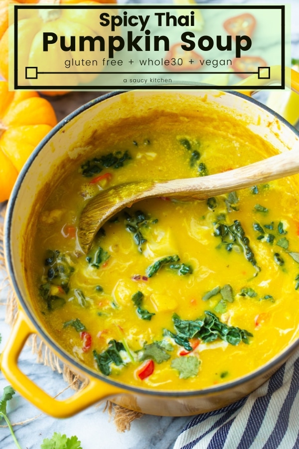One pot Spicy Thai Pumpkin Soup - loaded up with veggies, spices and hearty flavours. Made in 30 minutes or less! #GlutenFree + #Vegan + #Paleo + # Whole30 #PumpkinSoup #Thai #CoconutLime #HealthyRecipes #Healthy