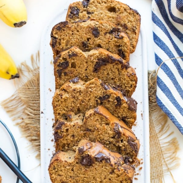 Gluten Free Banana Bread slices on a cutting board