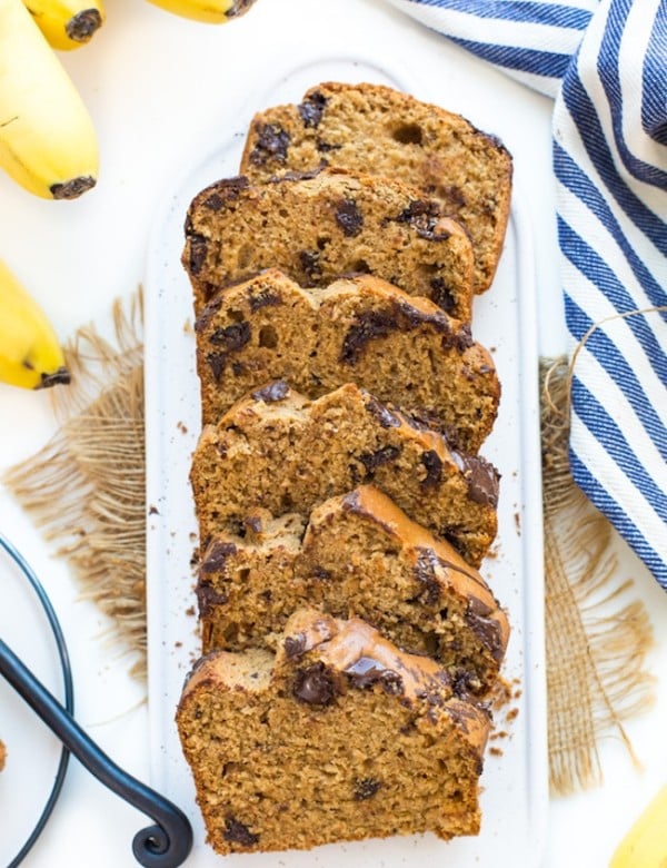 Gluten Free Banana Bread slices on a cutting board