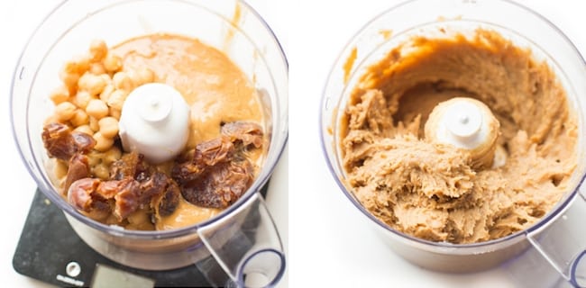 Peanut Butter Chickpea Cookies ingredients in a food processor before and after blending