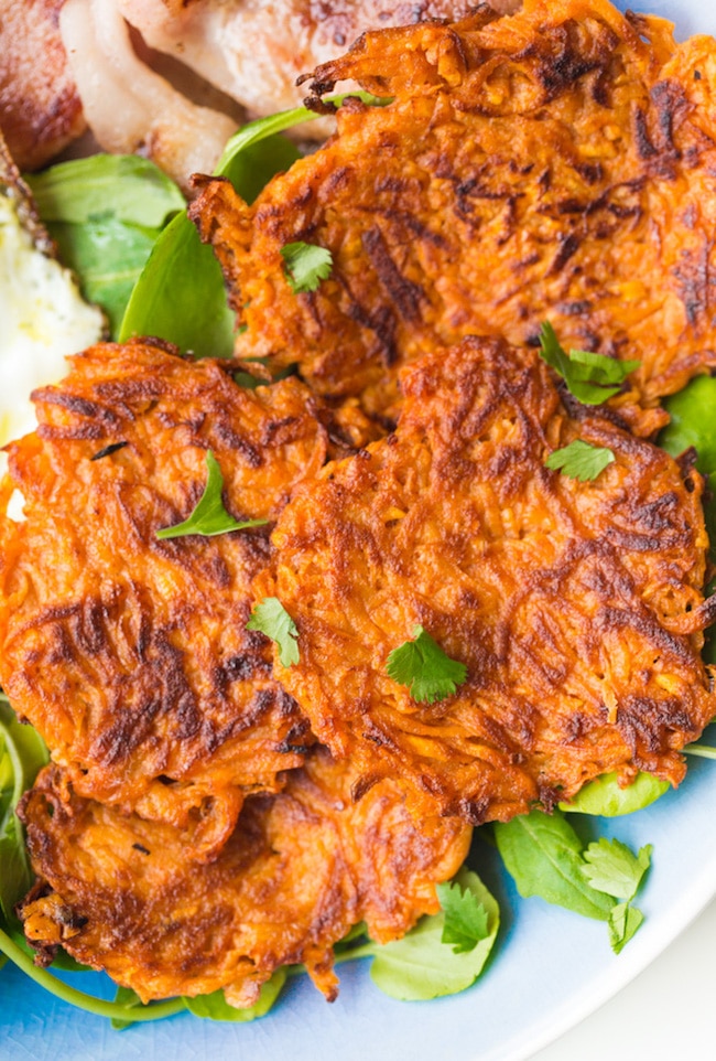 Sweet Potato Hash Browns topped with cilantro 