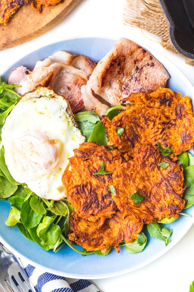 Sweet Potato Hash Browns in a bowl with bacon eggs and salad