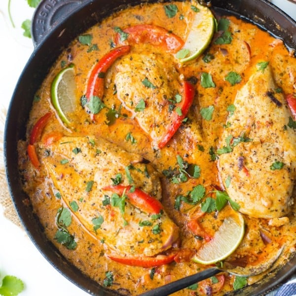 Thai Red Coconut Chicken in a cast iron skillet