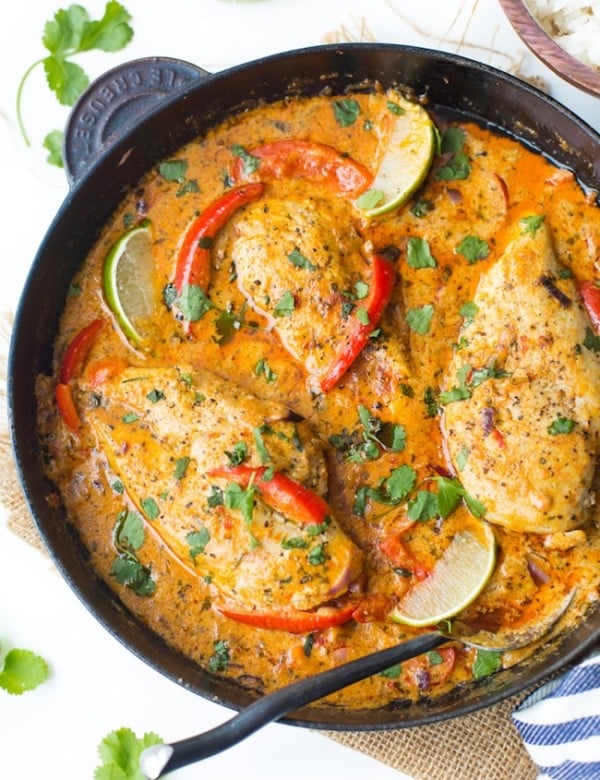 Thai Red Coconut Chicken in a cast iron skillet