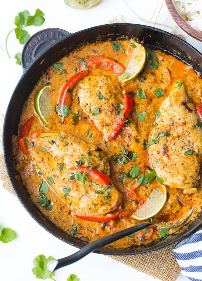 Thai Red Coconut Chicken in a cast iron skillet