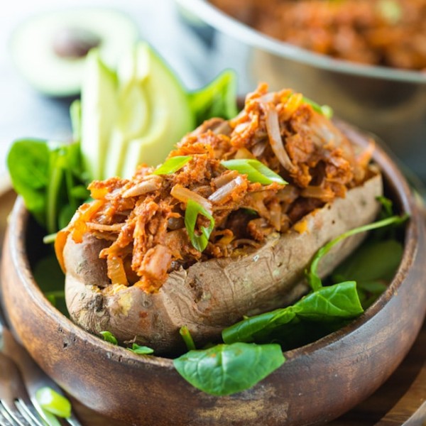 Whole30 BBQ Jackfruit stuffed in a sweet potato