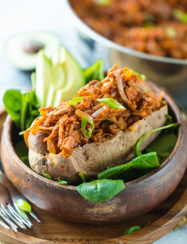 Whole30 BBQ Jackfruit stuffed in a sweet potato