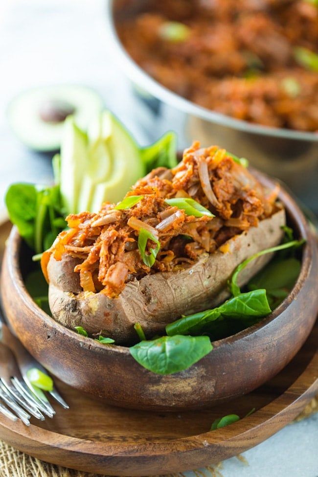 Whole30 BBQ Jackfruit stuffed in a sweet potato