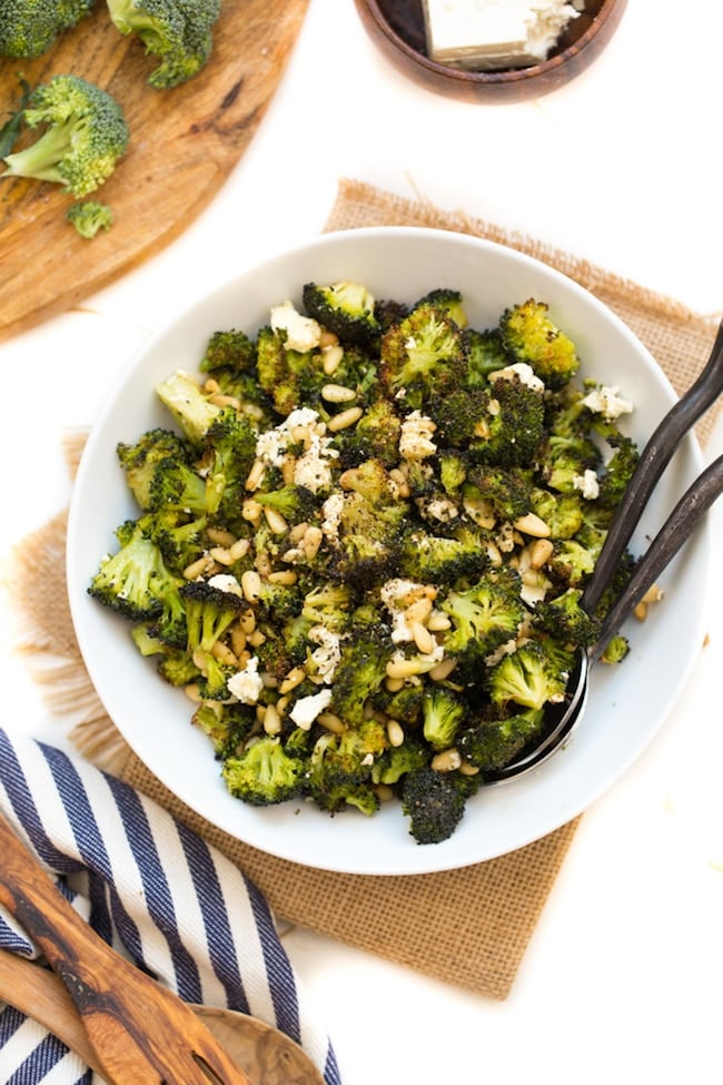 Roasted Broccoli Salad with Feta & Pine nuts in a bowl
