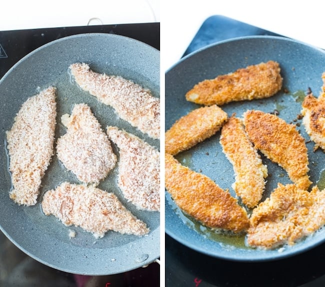 frying Coconut Crusted Chicken Tenders collage