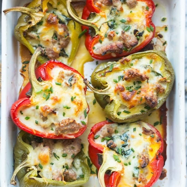 Breakfast Stuffed Bell Peppers in a casserole dish