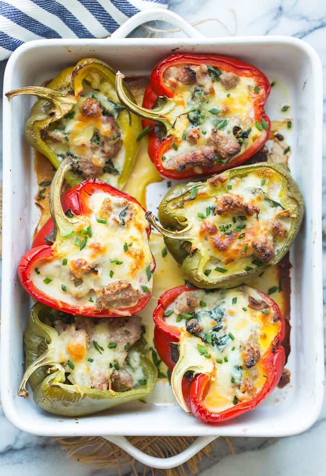 Breakfast Stuffed Bell Peppers in a casserole dish