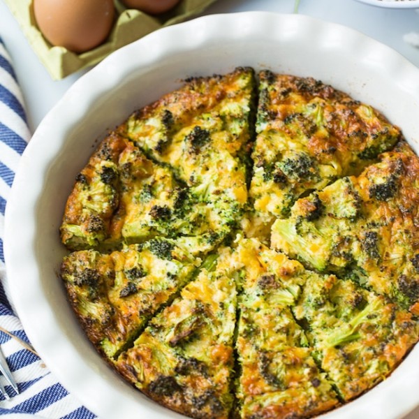 Broccoli Cheddar Crustless Quiche cut into pieces