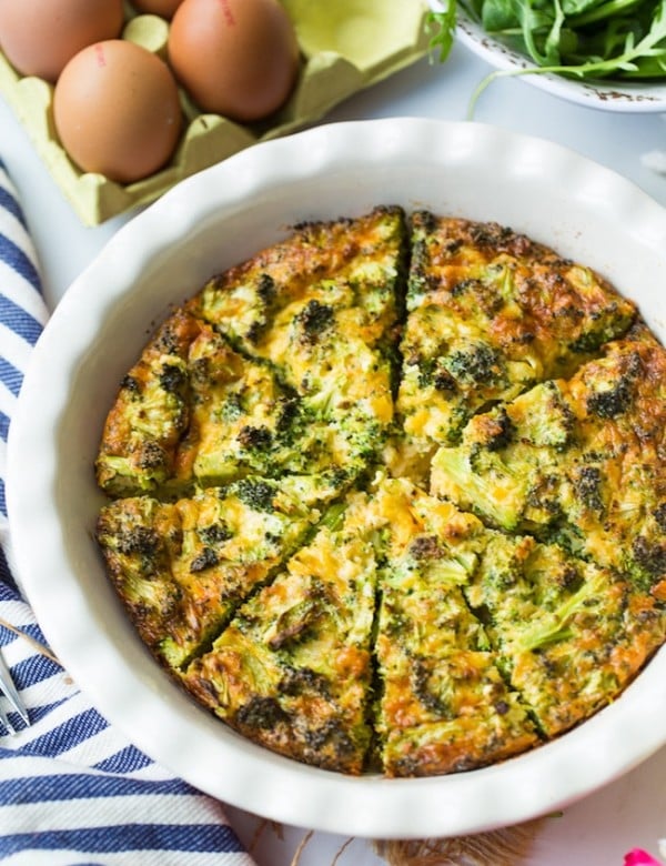 Broccoli Cheddar Crustless Quiche cut into pieces