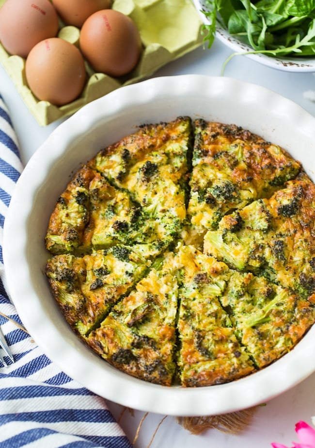 Broccoli Cheddar Crustless Quiche cut into pieces