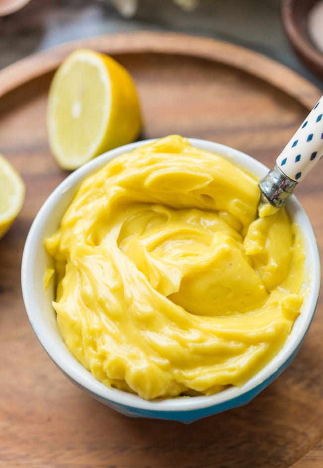 Homemade Mayo in a blue bowl up close