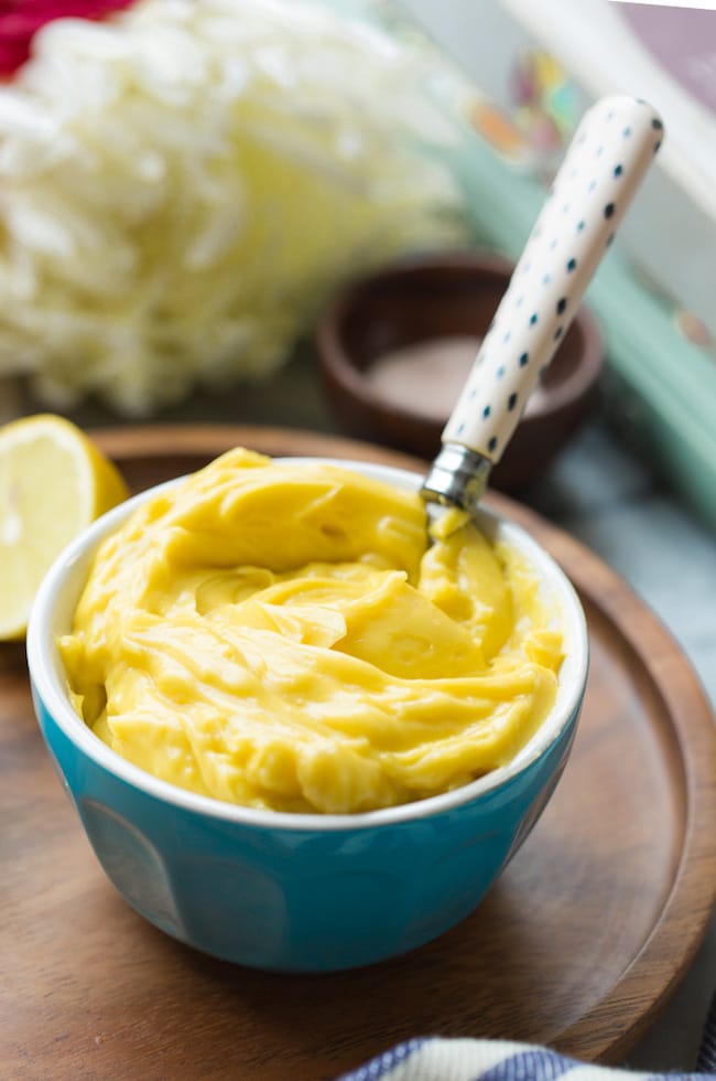 Homemade Mayo in a blue bowl