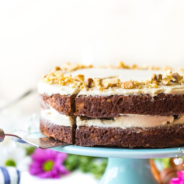 paleo carrot cake on a cake stand