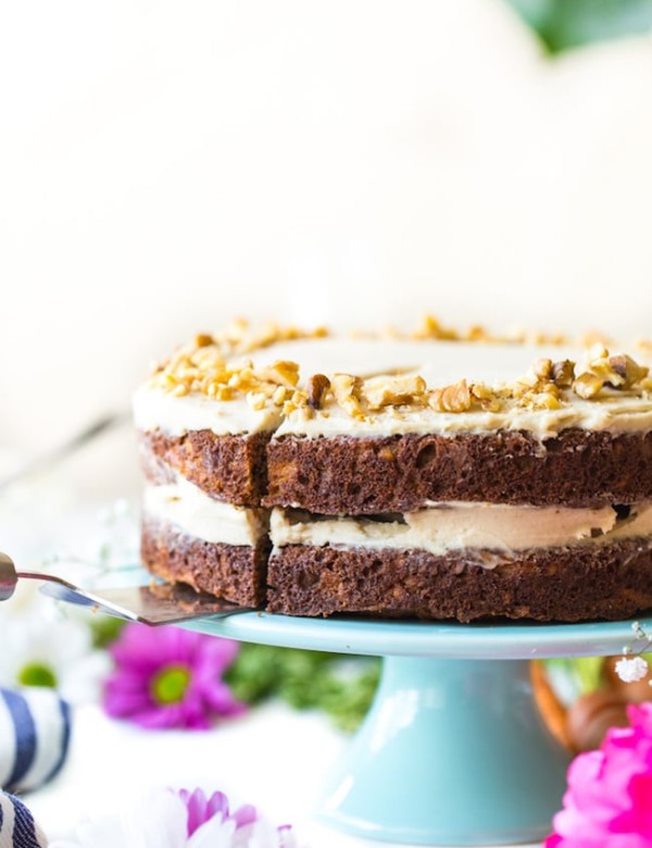 paleo carrot cake on a cake stand