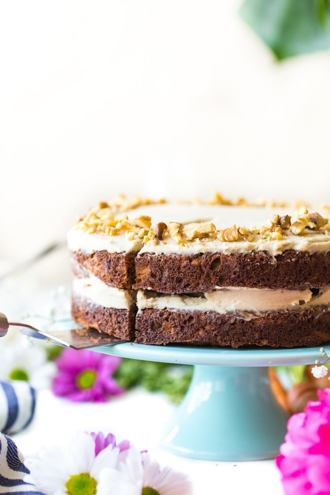 paleo carrot cake on a cake stand