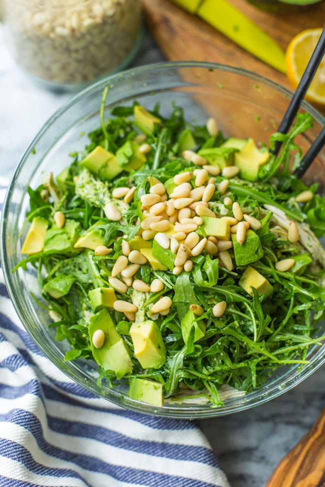 Chicken Pesto Salad in a bowl on a marble counter