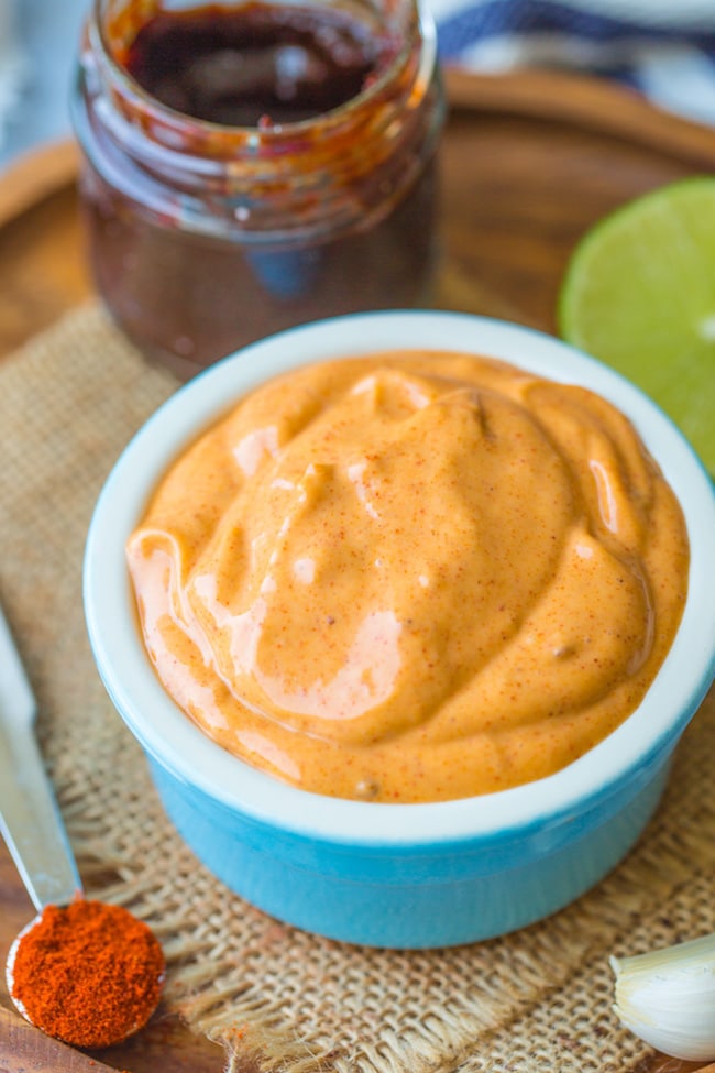 chipotle mayo in a small blue bowl