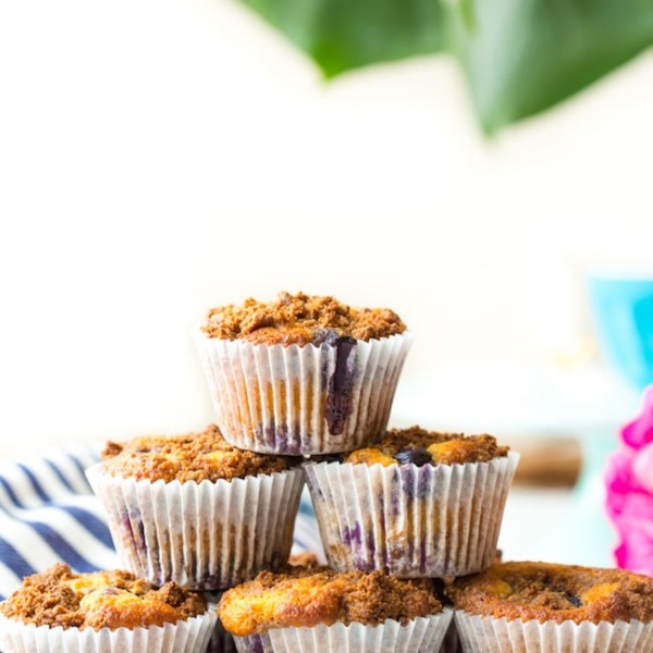 Paleo Blueberry Muffins stacked like a pyramid