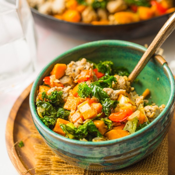 Sausage Kale and Sweet Potato Hash in a bowl