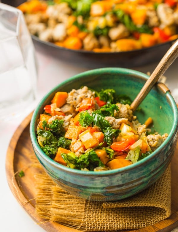 Sausage Kale and Sweet Potato Hash in a bowl