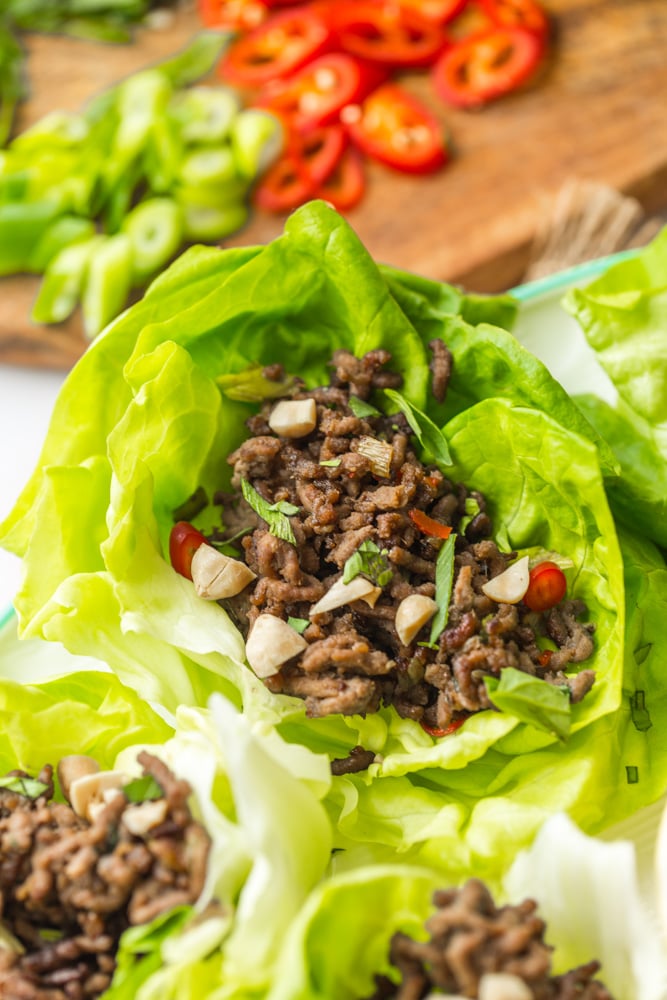 spicy beef lettuce wraps up close