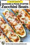 sausage and pizza stuffed zucchini boats pin graphic