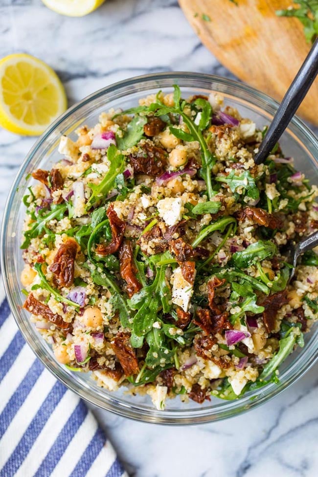 Chickpea Quinoa Mediterranean Salad in a salad bowl