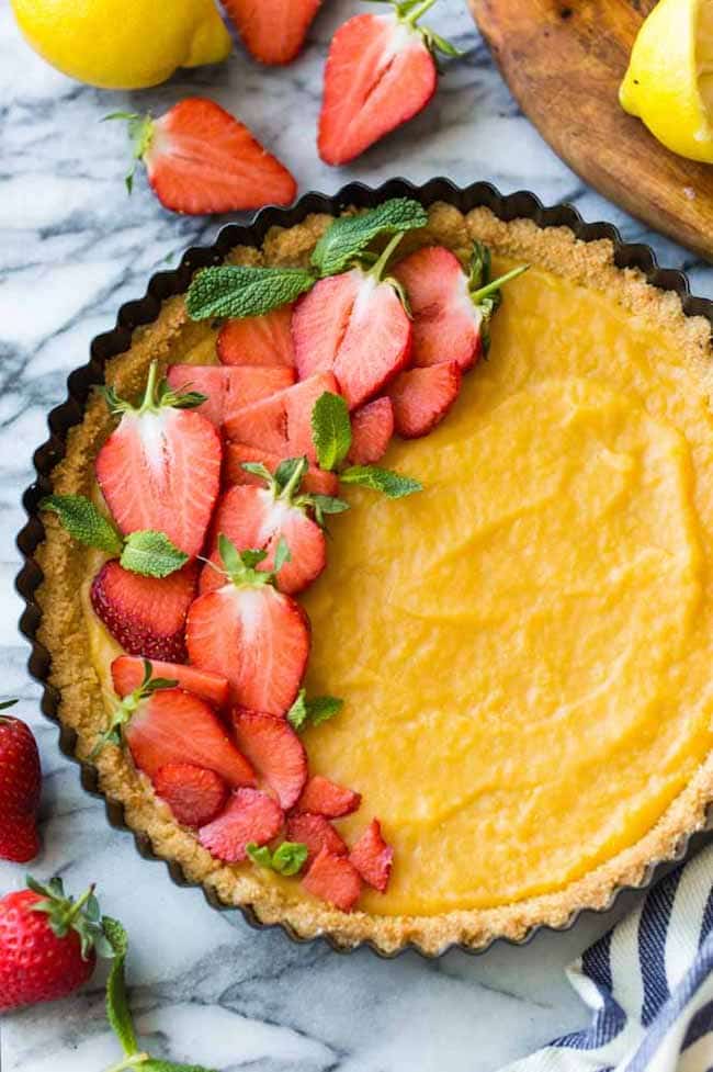 Low Carb Lemon Tart topped with strawberries