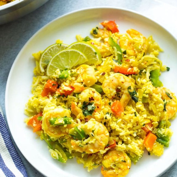 Shrimp Cauliflower Rice Pulao on a plate