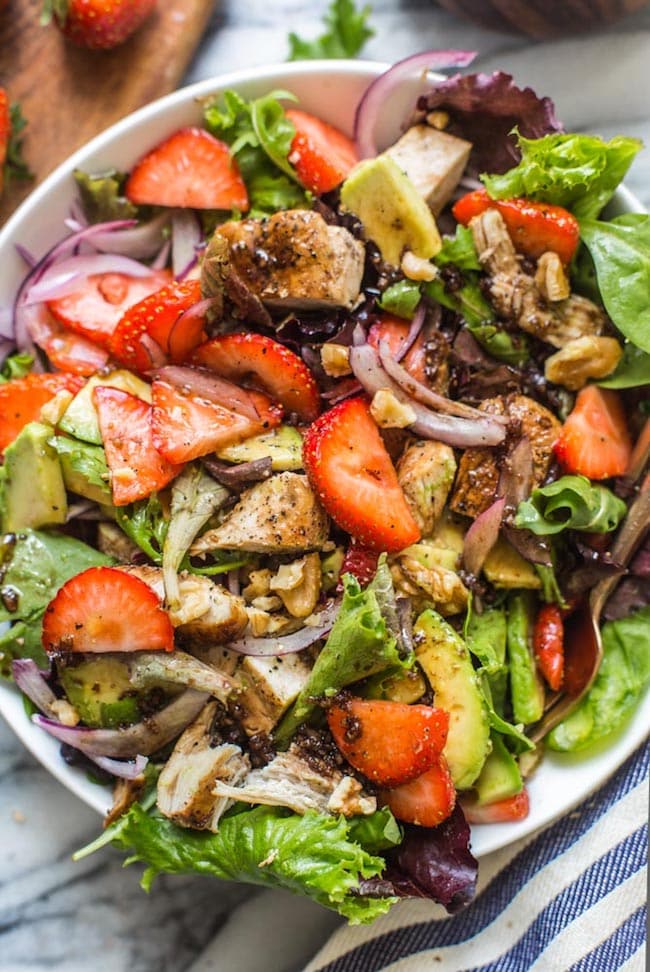 strawberry Chicken Salad up close in a salad bowl