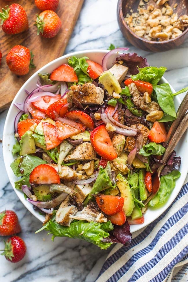 strawberry Chicken Salad in a bowl with forks for serving