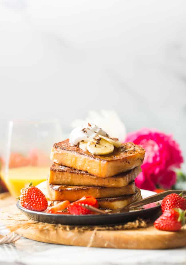 Gluten Free French Toast with Strawberries & Bananas on a plate