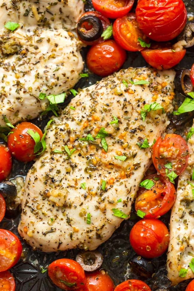 Baked Italian Chicken with Cherry Tomatoes up close