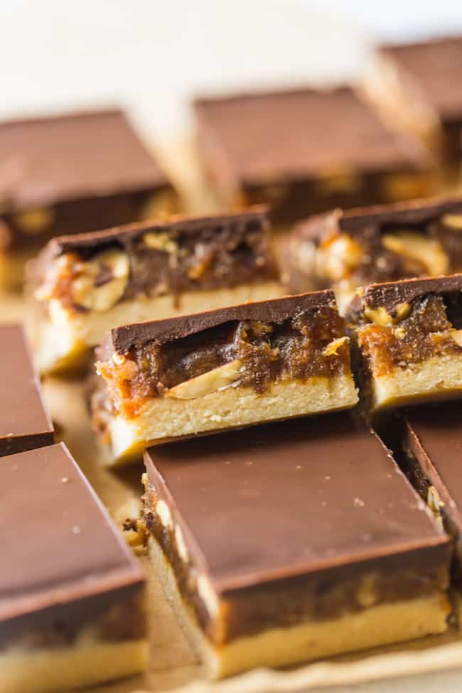 vegan Snickers Bars slices stacked