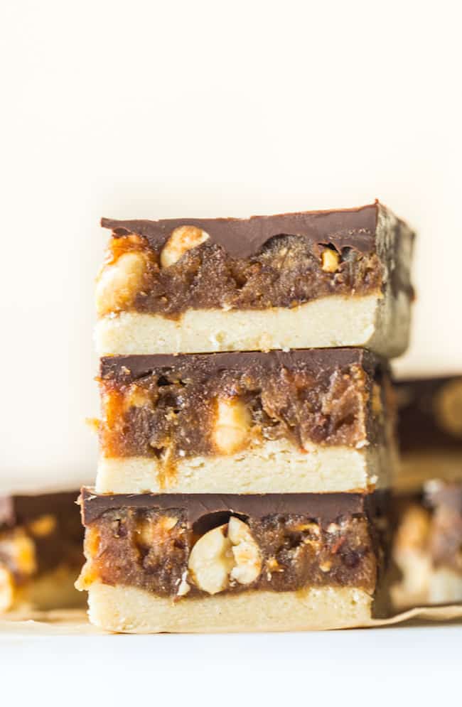 stack of three vegan snickers bars 